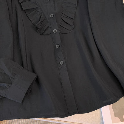 qgtao Plus-size women's spring casual shirt Ruffled decorative personality design commuter top Loose comfortable black pink shirt