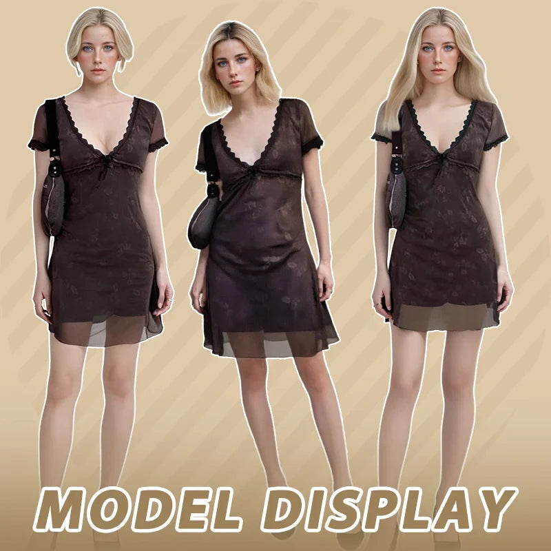 qgtao Vintage Floral Brown Dress Women's Summer 2024 Chic Sexy Elegant Fashion Ladies Casual Dress Beautiful Lace Mini Short Dresses