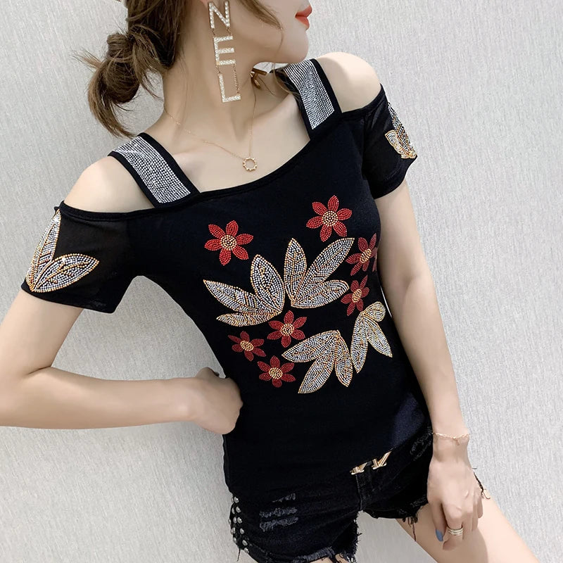 Runway Fashion European Women's Clothes Sexy Off Shoulder Letter Shiny Diamonds T-Shirts Luxury Brand Mesh Tees Tops Blouse