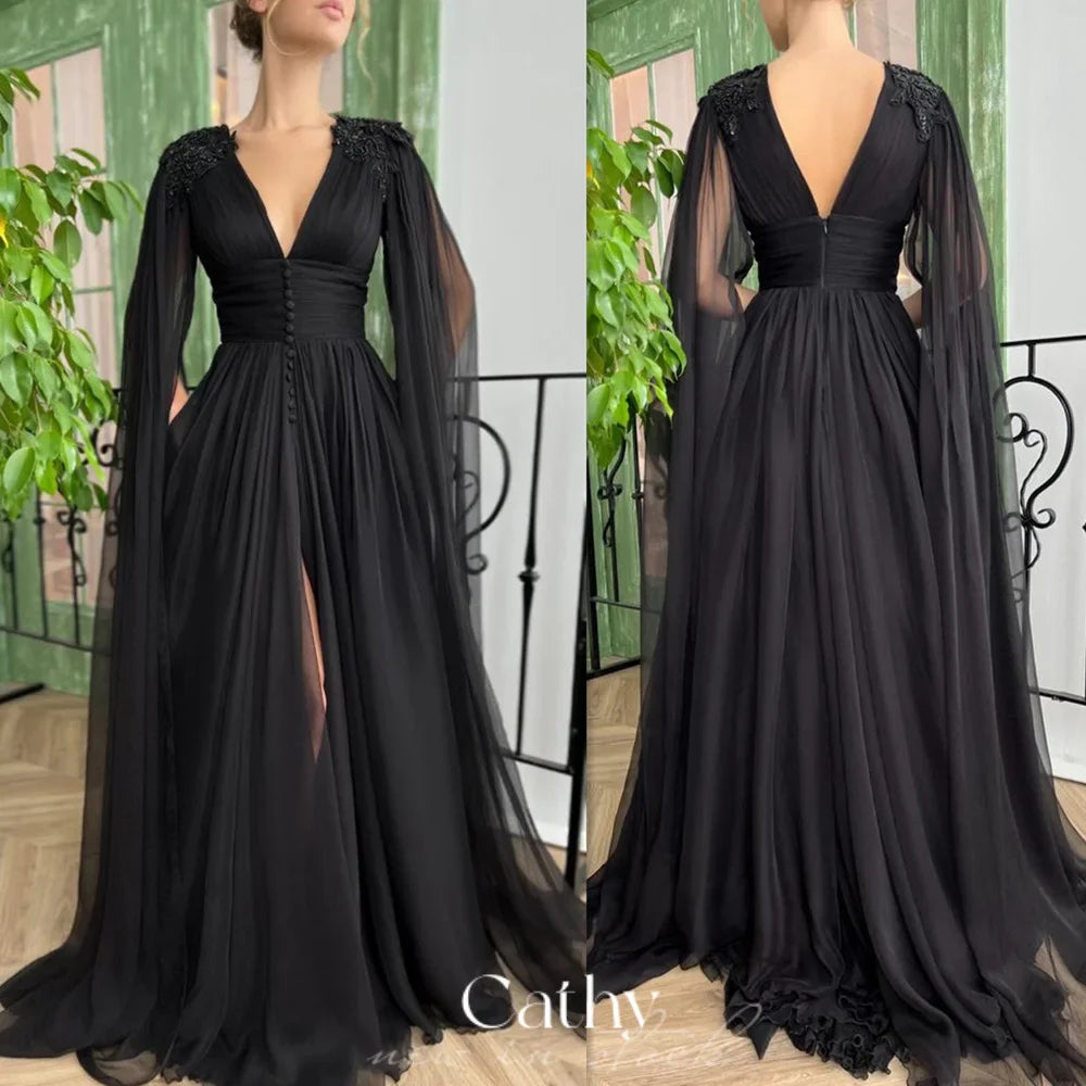 Black Cape Floor Length Prom Dress Sexy Side Split Evening Gown Princess Tulle A-line Prom Dresses