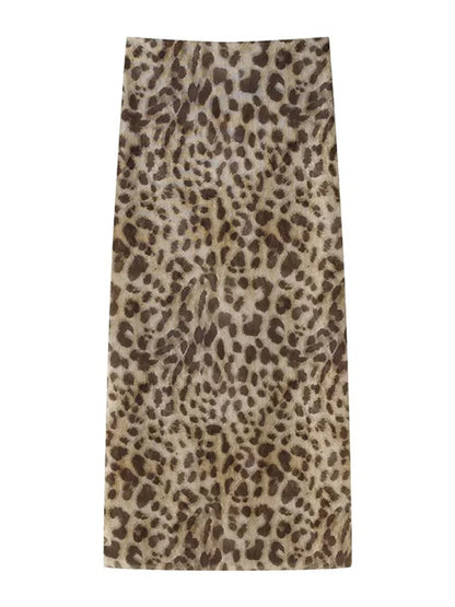qgtao Chic Leopard Print Top Long Skirt Suits 2 Pcs Set Women Sleeveless Halter Tops Hip Package Slim Skirts Summer New Lady Outfits