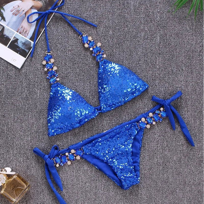 qgtao Shiny Sexy Bikinis Swimsuit With Rhinestones Women Swimwear Female Push Up Bikini Beach Swim Wear Bathing Suits Pool Bather 2024