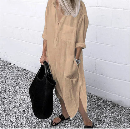 qgtao Plus Size Summer Women's Solid Color Split Dress Elegant Casual Button Pocket V-Neck Long Sleeve Lined Long Lined Dress 2024
