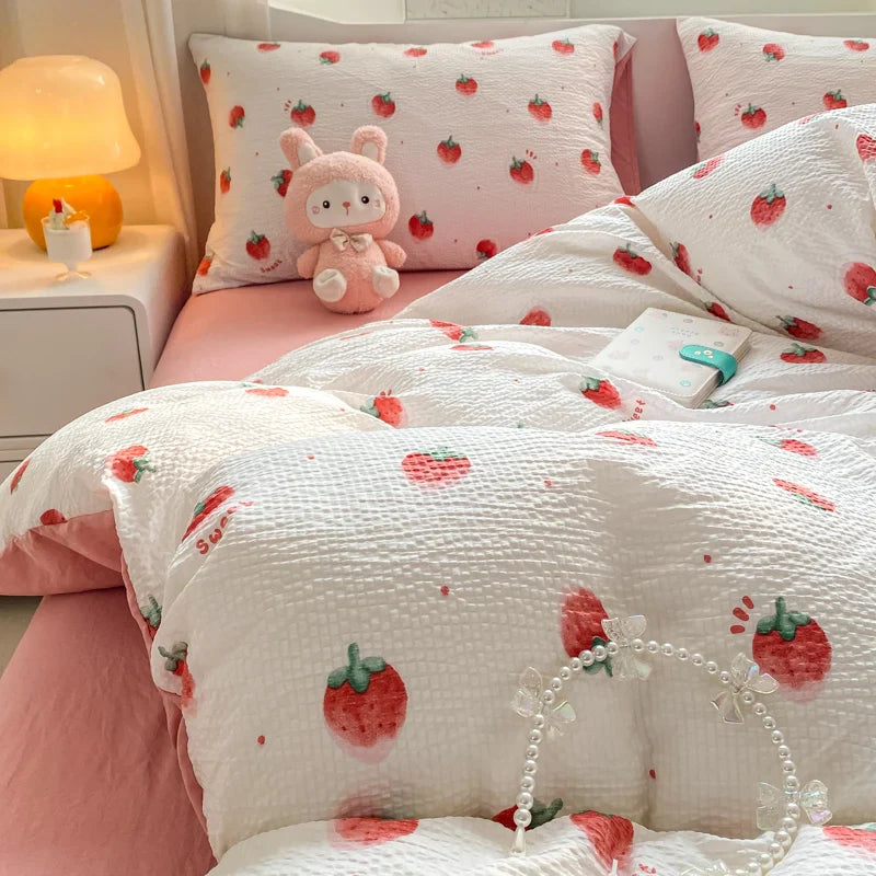 Yeknu Ins Pink Strawberry Cute Bedding Set Cartoon Fruit Duvet Cover Soft Queen Full Size Flat Bed Sheet Girls Quilt Cover Pillowcase