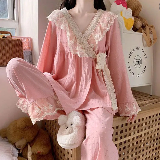 qgtao Pajamas Set Women Pure Cotton Spring Autumn New Sleepwear Suit Long Sleeved Lace Sweet Girl Japanese Kimono Cotton Home Clothing