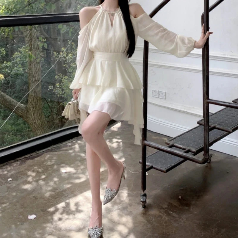 qgtao Elegant Luxury Dresses for Women Fairycore Casual Chiffon Dress Sweet Short Skirt Fashion Summer White Mini Dress Slim