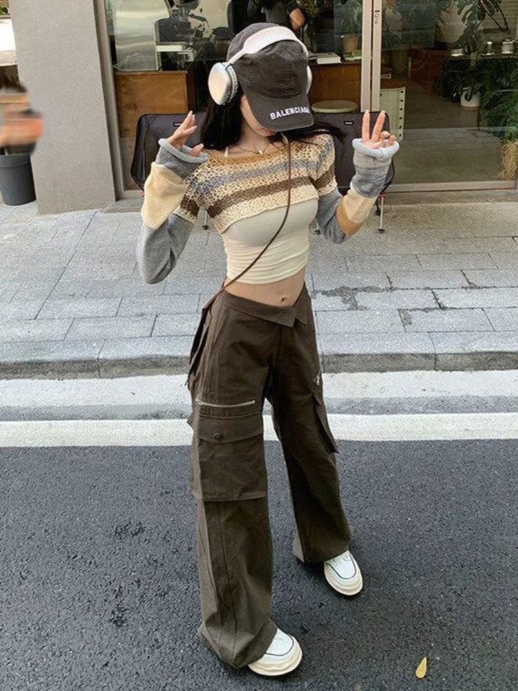 qgtao Y2K Vintage Striped Knitted Cropped Sweater Women Harajuku Hollow Out Patchwork Pullover Korean Fashion Casual Jumper