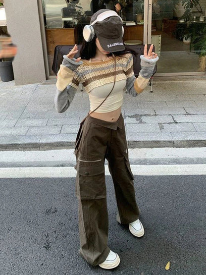 qgtao Y2K Vintage Striped Knitted Cropped Sweater Women Harajuku Hollow Out Patchwork Pullover Korean Fashion Casual Jumper