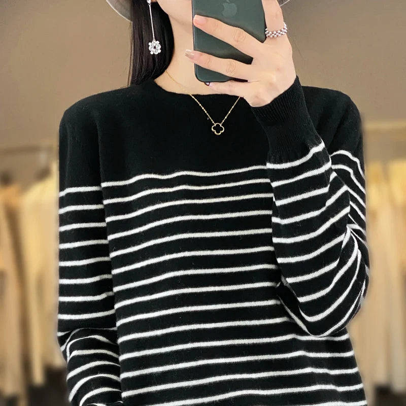 qgtao 2024 autumn/winter striped sweater women's cashmere sweater loose round neck pullover sweater long sleeved bottom sweater