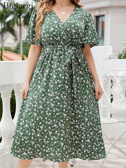 qgtao Plus Size Summer Midi Dress Women Floral Flower Print Casual Ladies Dresses Fashion Woman Dress 2024 Vestido Mujer