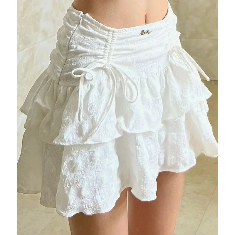 qgtao Fairycore Ruffle Women Mini Skirt White Lace Sweet Kawaii Short Skirts Coquette Layered Pleated Korean Fashion Skirt