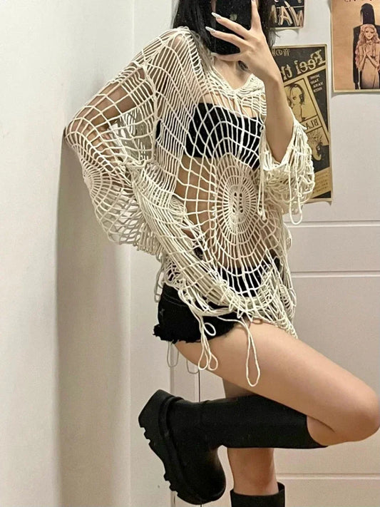 qgtao  -  Y2k Hollow Out Knit Hoodies Women Spider Web Hole Crochet Top Punk Grunge E-Girl Pullover Streetwear Goth Mesh Clothes