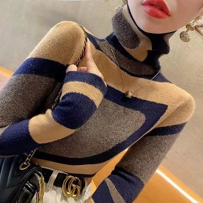 Women's Turtleneck Slim Fashion Knitted Sweater Spring New Y2k Chic All-match Vintage Wool Pullovers Daily Casual Soft Knitwear
