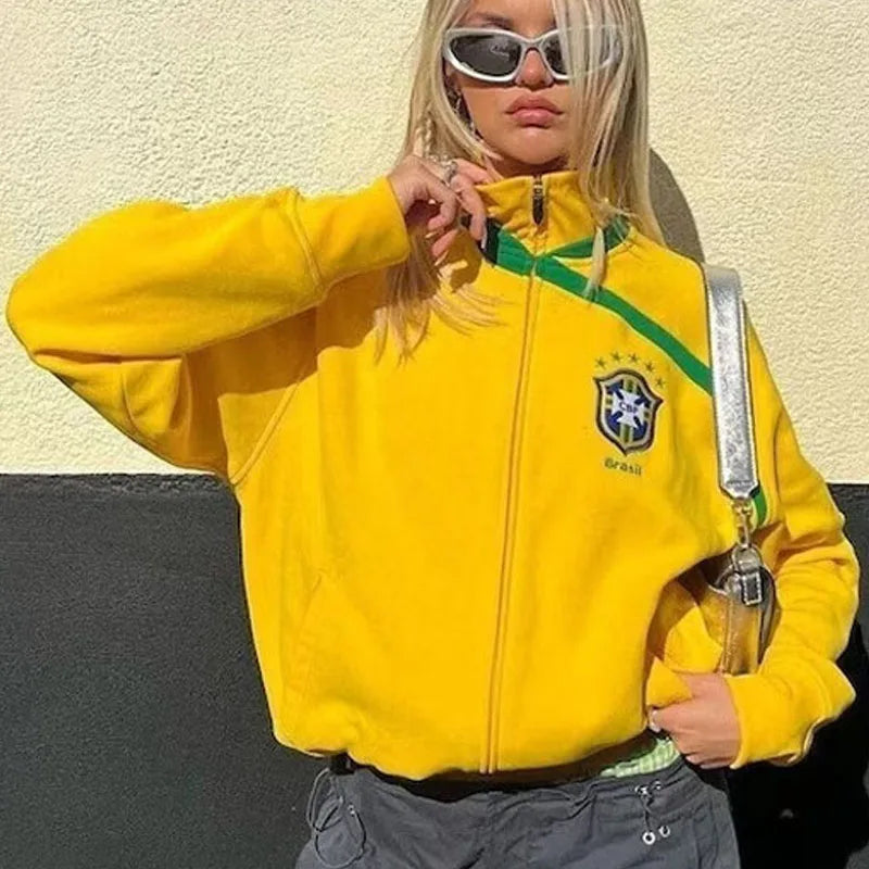 qgtao Yellow Vintage Jackets Women's Oversized Harajuku Zipper Windbreaker Y2k Streetwear Loose Coats Autumn Trend Sweatshirts