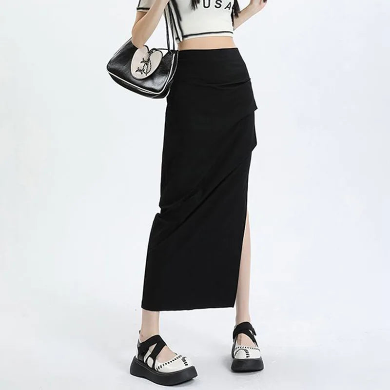 qgtao Y2K Cargo Skirts for Women Korean Style High Waist Slim Fit Long Skirt Woman Sexy Bodycon Side Split Midi Skirts Female