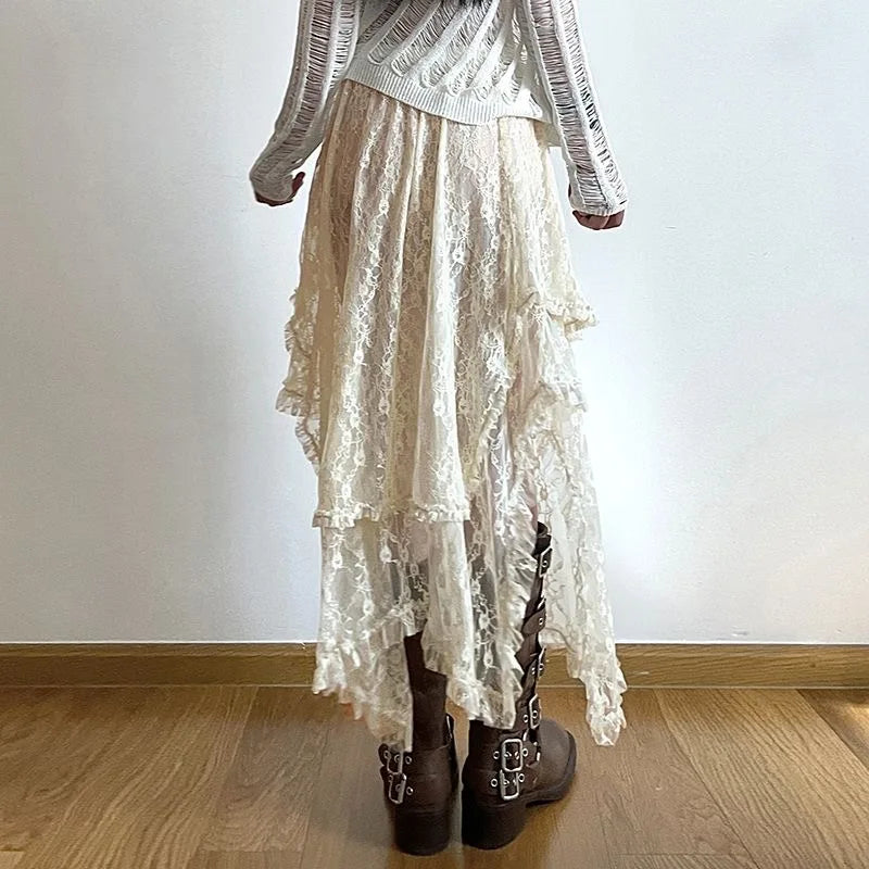 qgtao Lace Vintage Long Skirts Irregular Holiday Y2k Dress for Women Boho Tulle Midi See Through High Waist Elegant Loose