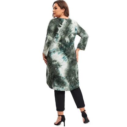 qgtao Plus Size Long Sleeve Elegant Tie Dye Tunic Tops Long Loose Spring Autumn Hi Low Swing Blouse Plus Size Clothing Women 6XL 7XL