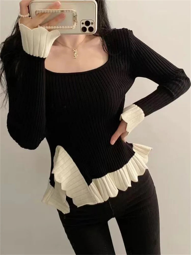 Tossy Ruffled Patchwork Vintage Pullover Sweater For Women Ribbed Contrast Elegant Long Sleeve Loose Knit Female Pullover 2024