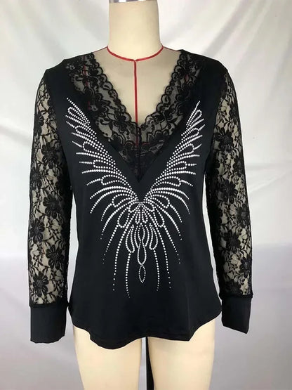 Sexy Black Lace Tops Women See Through Deep V Printing Long Sleeve Lady Oversize 5Xl Large Blouse Autumn Clothes