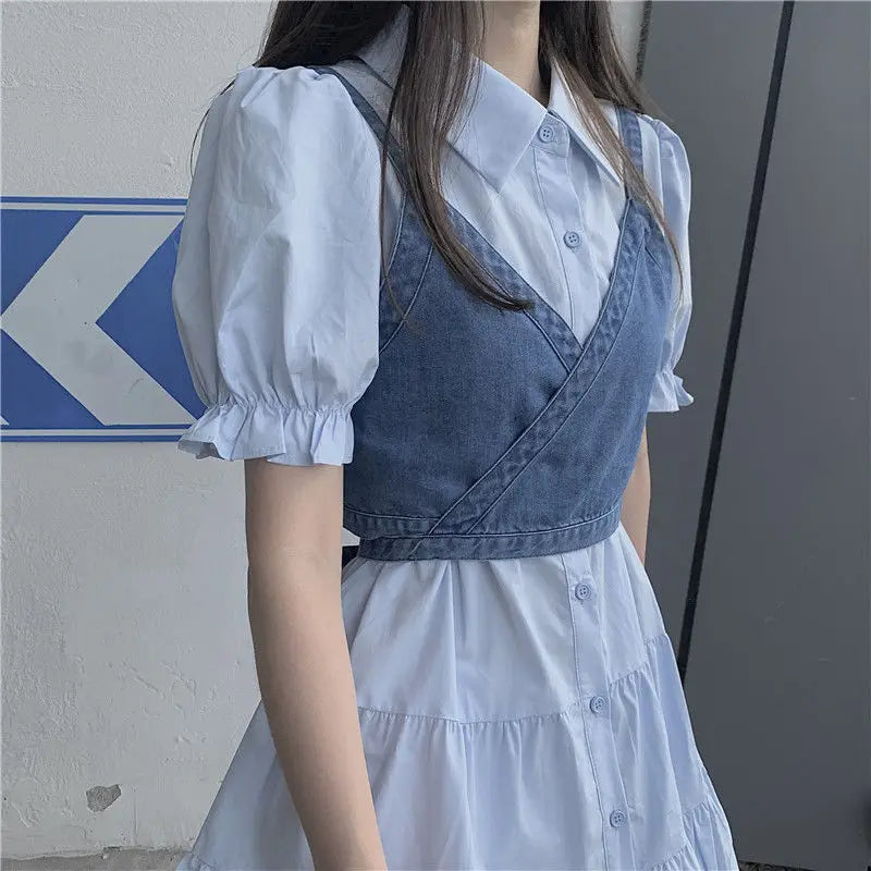 qgtao 2024 Summer Women's Dresses Korean Fashion Vintage Puff Sleeve Shirt Dress Women's Denim Camisole Vest Set New In Dresses