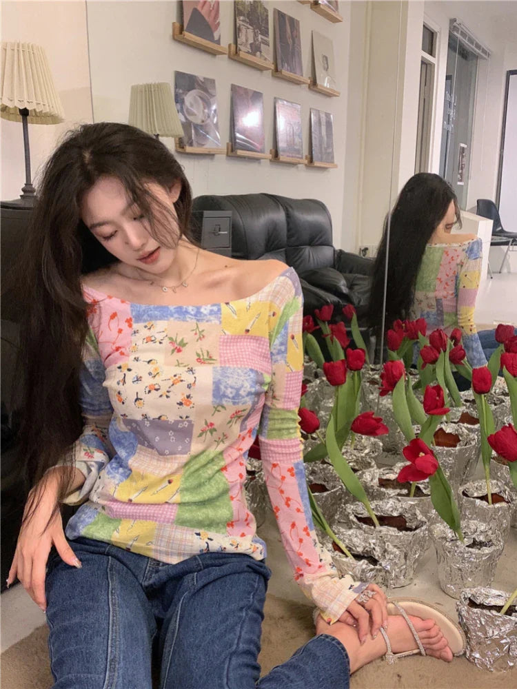 qgtao  -   Harajuku Patchwork T Shirt Women Flare Sleeve Hotsweet Slim Tees Korean Fashion Girl Tops Designer Y2k Aesthetic Clothes