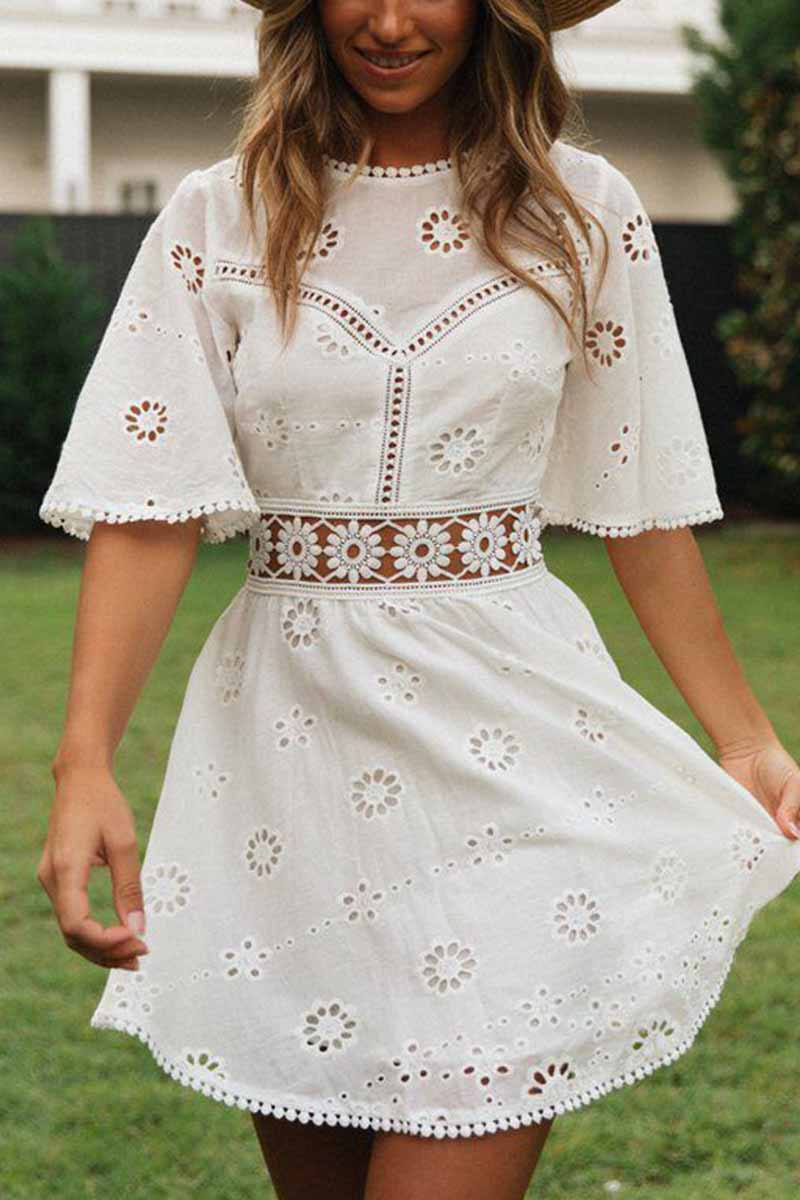 qgtao O-Neck White Lace Mini Dress