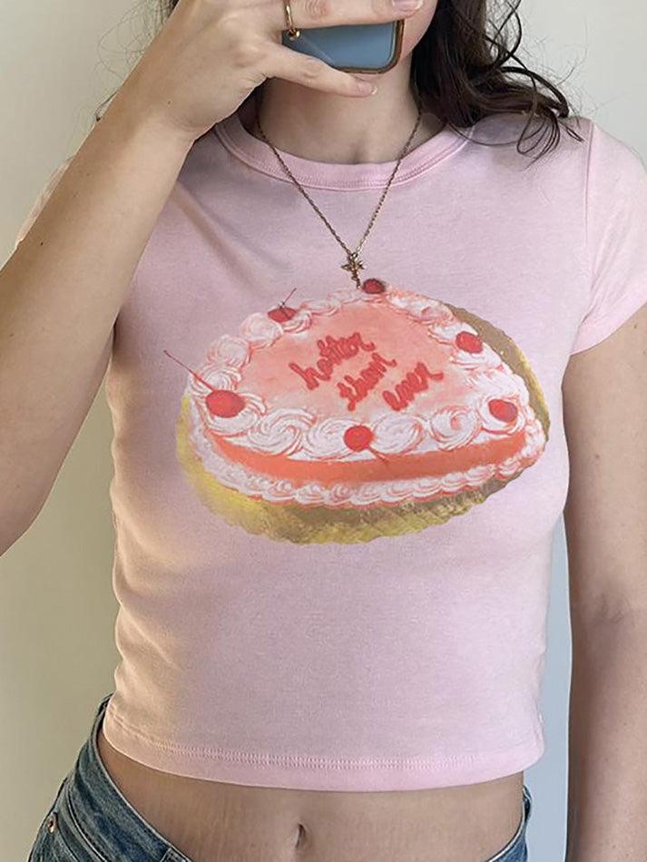 Short Sleeve Cake Print Slim-Fit Crop Top