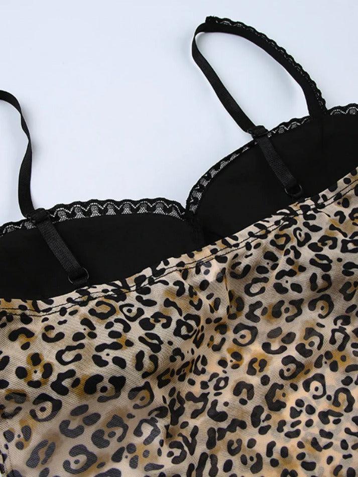 Leopard Print Bow Lace Splice Cami Top