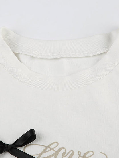 Short-Sleeve Crew Neck Lettering Bow T-Shirt