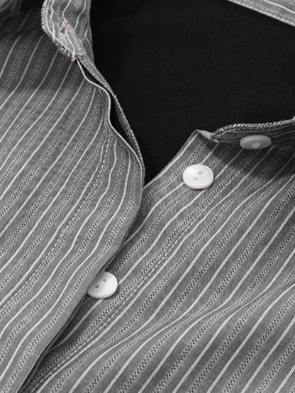 Stripe Splice Polo Neck Long Sleeve Blouse