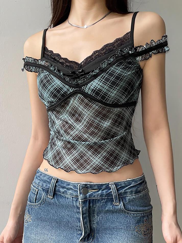 Mock Two Piece Ruffled-Trim Plaid Mesh See-Through Tank Top