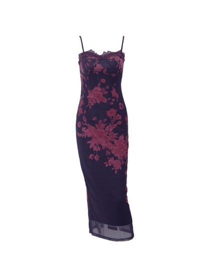 qgtao Backless Lace Trim Vintage Print Slit Maxi Dresses