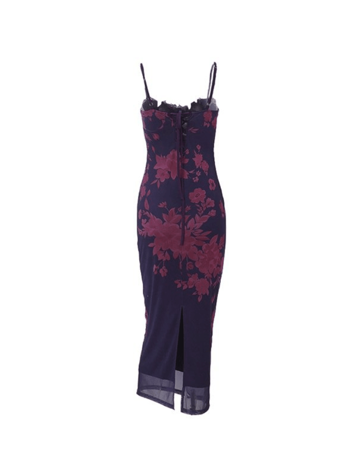 qgtao Backless Lace Trim Vintage Print Slit Maxi Dresses