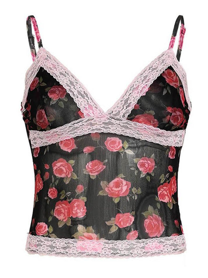 Rose Printed Lace Patchwork Mesh Cami Top