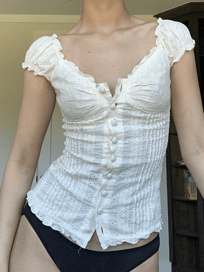 Button Down Broidered Lace Crop Blouse