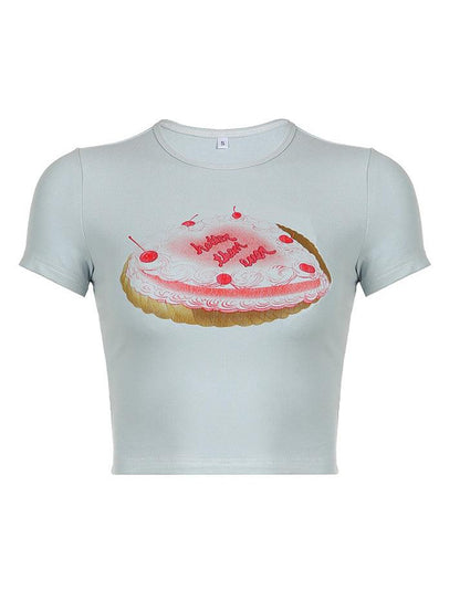 Short Sleeve Cake Print Slim-Fit Crop Top