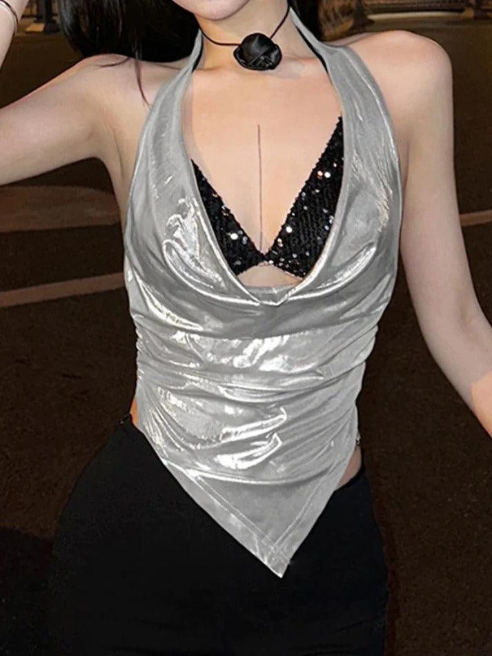 Metallic Sequin Halter Backless Tank Top