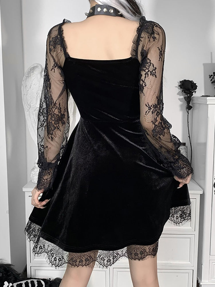 qgtao  Velour Gothic Aesthetic Vintage Dresses Women's Lace Patchwork Grunge Black Dress Long Sleeve A-line Autumn Partywear