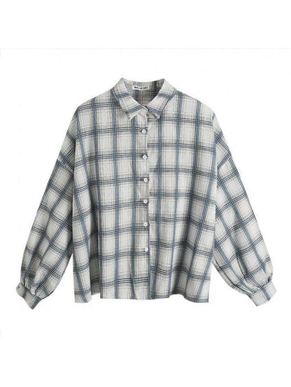 Checkered Puff Sleeve Button Blouse