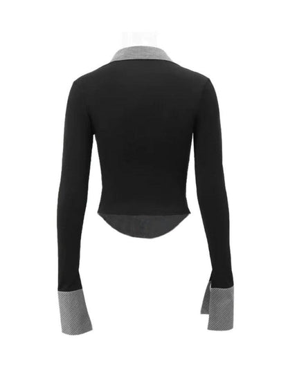 Stripe Splice Polo Neck Long Sleeve Blouse