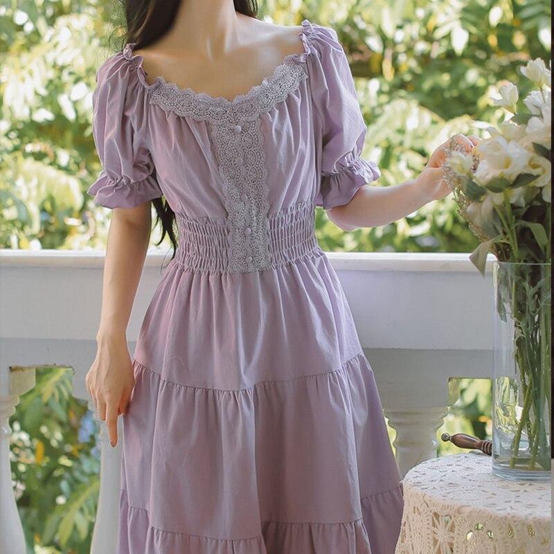 qgtao Summer Purple Elegant Lace Long Maxi Dress Vintage Square Collar French Princess Dresses Casual Holiday Party Dress