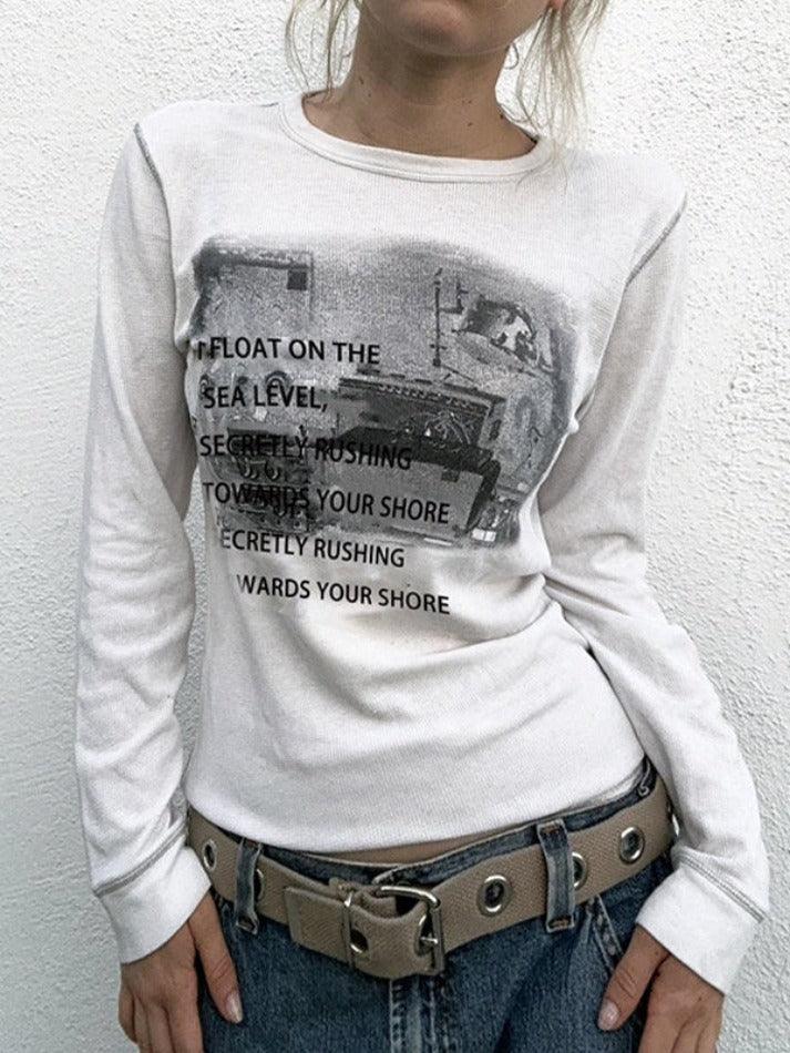 Street Print Top-stitching Long Sleeve Tee