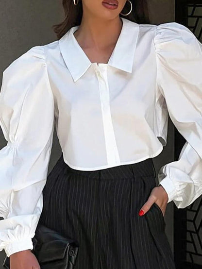 Solid Puff Sleeve Cropped Loose Long Sleeve Blouse