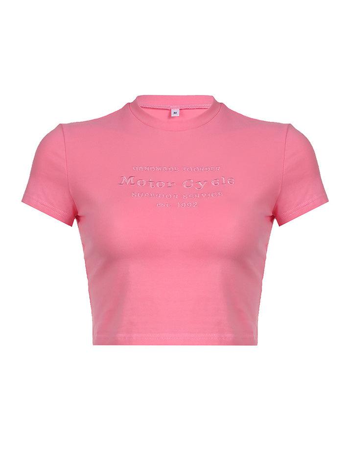 Short Sleeve Lettering Embroidered Slim-Fit Crop Top