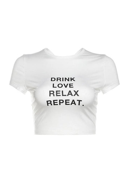 DRINK LOVE RELAX REPEAT Letter Print Ruched Cut Out T-shirt