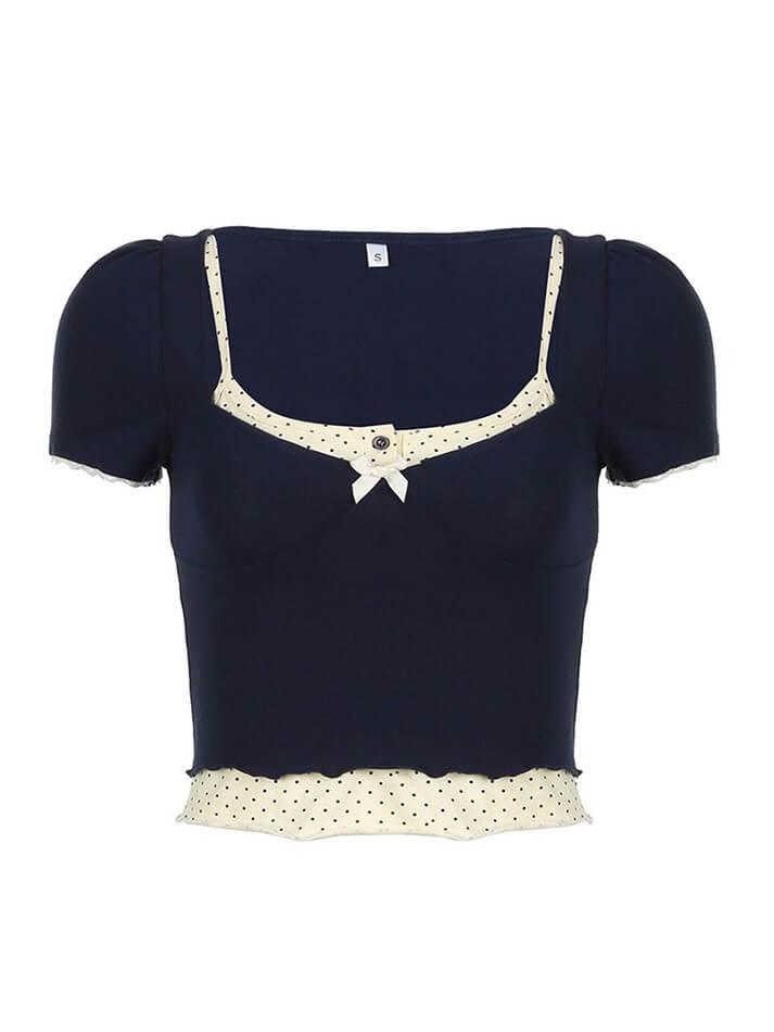 Blue Polka Dot Trim Crop Top