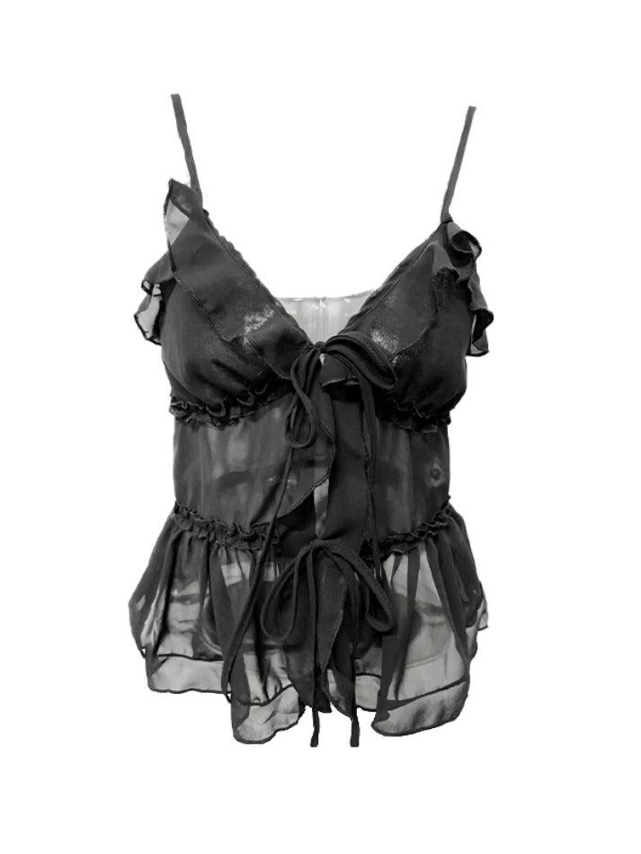 See Through Ruffled Trim Tie Up Cami Top