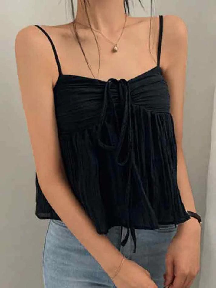 Solid Color Pleated Lace Up Cami Top