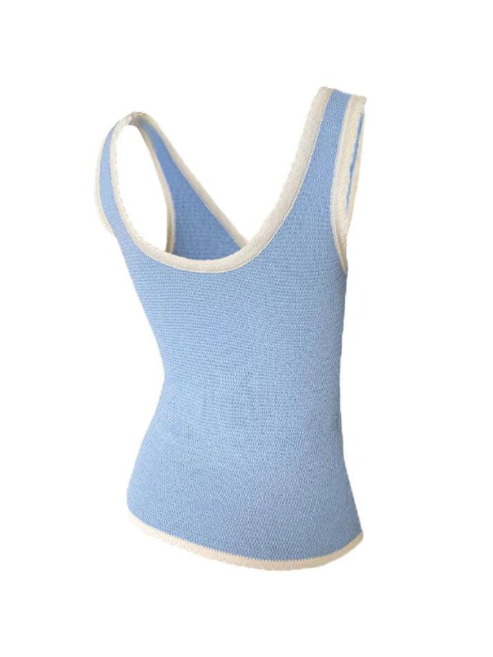 Contrast Color Stitching V Neck Bow Tank Top