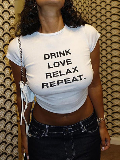 DRINK LOVE RELAX REPEAT Letter Print Ruched Cut Out T-shirt